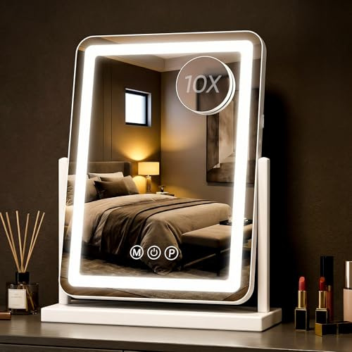 Antok Schminktischspiegel Schminkspiegel mit Beleuchtung - 44x33 cm Kosmetikspiegel Tisch Spiegel LED 360° Drehung 3 Farbtemperatur 10X Vergrößert mit Touch Steuerung