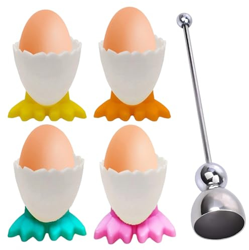 Eggs Shell Remover, Egg Cracker, Stainless Steel Egg Opener and 4 Eggs Cups, Soft-Boiled Kitchen Tool for Home Hotel Restaurant