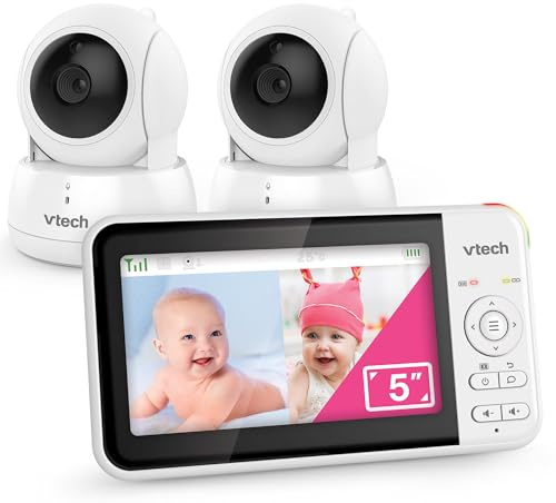 VTech Baby Monitor - 2 telecamere con schermo LCD a colori da 5, lunga durata della batteria, visione notturna, portata di 30 metri, funzioni pan-tilt-zoom, ninne nanne e suoni rilassanti: VM924-2