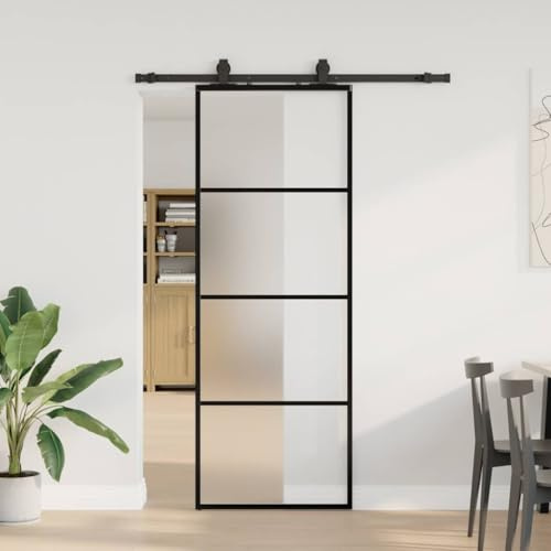 Set completo di porte scorrevoli in legno, porta scorrevole con ferramenta, nero, 76 x 205 cm, in vetro temperato per soggiorno, bagno