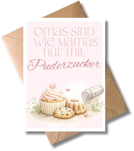 WBdesignz liebevolle Danke Karte für Oma - herzliche Gratulationskarte mit Umschlag - Omas sind wie Mamas nur mit Puderzucker - Beste Oma Karte in pink zum Muttertag - für Oma, Großmutter (DIN A6)