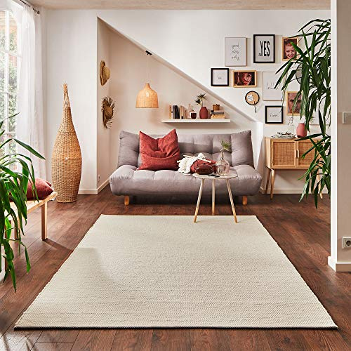Steffensmeier Handwebteppich Rellenbach | Schurwolle Mit Fusselstopp, gewalkt, Natur Hell, handgewebt, Größe: 250x250 cm Wohnzimmer und Schlafzimmer