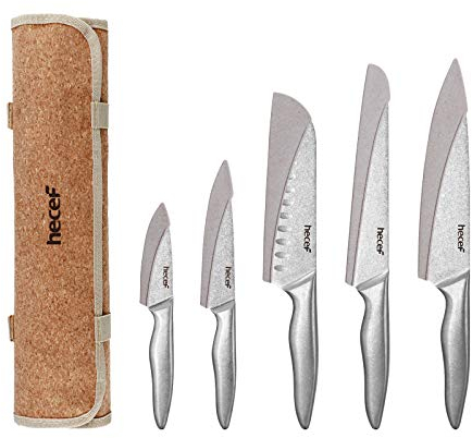 hecef Set Coltelli da Cucina Professionali, 6 Pezzi Set di Coltelli da Chef Acciaio Inox con Coprilama Protettivi & Borsa per coltelli (5 fessure), per Attività Indoor e Outdoor e Campeggio