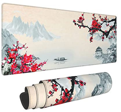 Sakura Tapis de souris de jeu aquarelle motif fleur de cerisier 80 x 29 cm avec bords cousus et étanche Base en caoutchouc antidérapant Grand tapis de souris pour le travail/bureau/maison