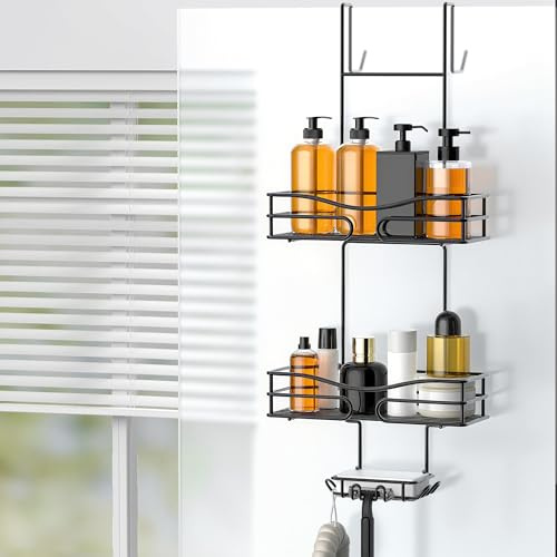 Cooeco Porta Shampoo Doccia da Appendere Nero - Mensola Doccia da Appendere Portaoggetti Doccia antiruggine con Porta Sapone Integrato e 6 Ganci per il Bagno…
