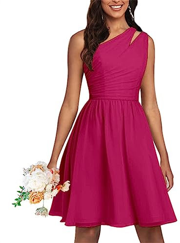 WSEYU Vestido corto de dama de honor sin mangas de gasa con un hombro, fucsia, 46