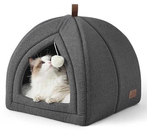BEDSURE Katzenbett große Katzen Katzenhöhle- 40x40x40 cm Katzenhaus Indoor mit abnehmbarem Sherpa Katzenkissen und hängendem Spielzeug, Katzen Bettchen waschbar, dunkelgrau