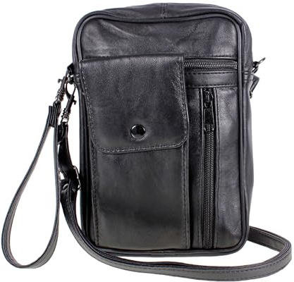 AR BRAND EST. 2021 Herren Herrentasche Leder Schwarz Mit Handgelenk & Schultergurt - Schwarz, Schwarz, Klein, Schwarz, Small