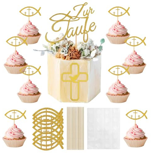 Cake Topper Taufe 26 Stück Fisch Cupcake Deko für Konfirmation, Kommunion, Geburtstag, Hochzeit - Muffin Junge Mädchen