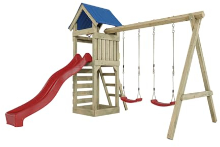 Outgarden Spielturm Klettergerüst Easy aus KDI-Holz | Spielhaus mit roter Rutsche & Doppel-Schaukel | Sandkasten, Leiter & Kletterwand | Outdoor Stelzenhaus für Kinder und Garten | 327 x 327 x 258 cm