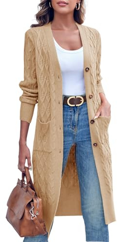 Imily Bela Cárdigan largo de punto para mujer, con estampado de trenza, con bolsillos, caqui, L