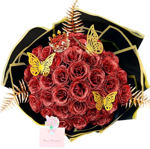 SEMONONIA Glitzer-Rosenstrauß zum Selbermachen, 36 Stück, künstliche glänzende Blumen mit Stielen, Blumenverpackungspapier, 3D-Schmetterlinge, Kronen für Jahrestag, Geburtstag