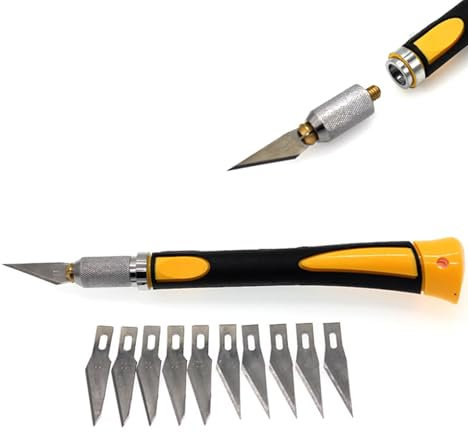 Bastelmesser Skalpell Set mit 10 Ersatzklingen, mit einem Rostschutz-Ölfilm beschichtet, Carving Craft Messer, Cuttermesser, Skalpell Basteln, Gelb