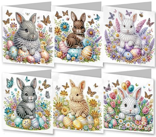 CXINLky 5D DIY Diamond Art Painting Karten Ostern, 2026 Neuheiten Diamond Art Painting Karten, 6 Stuck Diamond Art Karten Geburtstag, Osternkarte Feiertags für Familie,Freunde-04-Ostereier