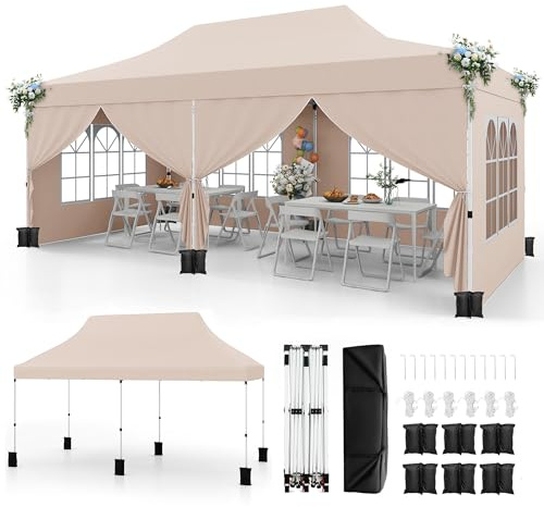 RELAX4LIFE Tonnelle Pliante 3x6 Imperméable avec 6 Parois Amovibles, Barnum Pliant 3x6, Hauteur Réglable, Portes Zippées, Tente de Réception Anti-UV, Sac Transport, Montage sans Outil (Beige | Parois)
