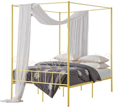 VEVOR Letto a Baldacchino Matrimoniale, Letto in Metallo con Testiera Minimalista e Design a Baldacchino, Robusto Supporto a Doghe in Acciaio Rotondo, Non Necessita di Materasso a Molle, Oro