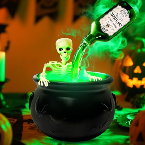 Halloween Deko Hexenkessel mit Nebelmaschine, Kunststoff Schwarzer Hexenkessel mit Schwebenden Zaubertränke & Skelett, Leuchtend Halloween Deko Innen Outdoor Partys Dekoration (L-30cm)