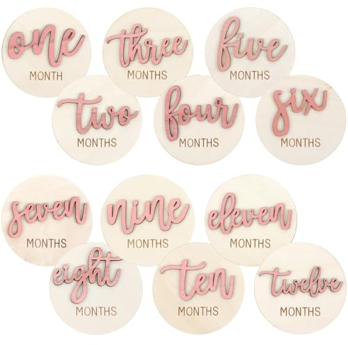 PEOVLVN Tarjetas de hitos de madera para bebé, 6 unidades, 1 – 12 meses, tarjetas mensuales de madera, perfectas para tarjetas de hitos, embarazo y bebés, ideal para padres y futuras madres (rosa)