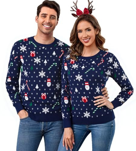 Aottori Maglione di Natale Donna Girocollo Maglioni Natalizi Lavorato a Maglia Manica Lunga Famiglia Invernale Maglioni Coppie Partner Christmas Sweater Blu Scuro S