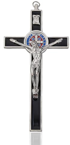 DICOSMETIC 1 pièce 19,2 x 9,8 cm - Petite croix murale en alliage - Saint Benoît - Émail noir - Crucifix Jésus-Christ - Décoration catholique - Cadeau de Pâques pour homme et femme