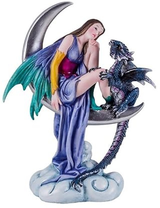Figura Hada sentada en la Luna con un Dragon de Resina Pintada a Mano 19 cm