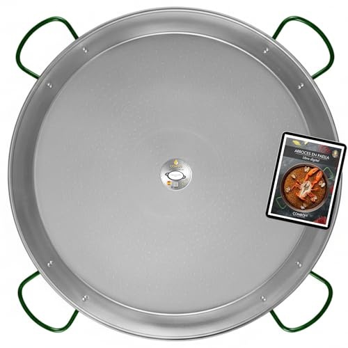 COMBOI - Paellera in acciaio lucido 90 cm, grande paellera per 40-50 porzioni, adatta per gas, legna e paelleros, prodotta in Spagna, include ricettario digitale. (90 cm)