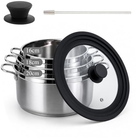 Universal Pan Lids, Fits 16/18/20cm, Paired with Handle and Cleaning Brush | Glass Pot Lid with Silicone Edge, Heat Resistant to 230 ℃, Safe and Convenient, Easy to Clean, Suitable for Various Cookware