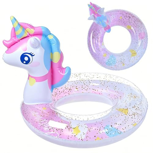 Salvagente Unicorno, Materassino Gonfiabile Unicorno con Glitter Piscina Float Nuoto Zattera Spiaggia, Anello da Nuoto, Gonfiabili per Piscina per Bambini Dai 4 ai 9 anni
