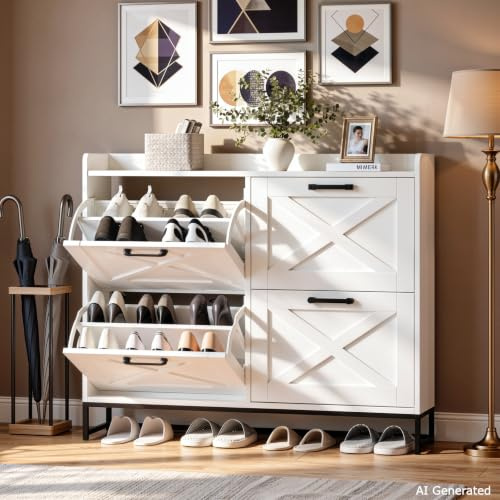TEMFAU Schuhschrank 4 Klappen, 120x100x24 cm, stabilem Metallfuß, Weiß | verstellbare Schuhablage für 16–24 Paar Schuhe, einfache Montage Schuhkipper, für Flur, Eingang und Wohnzimmer