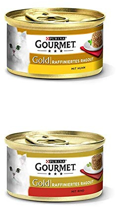 Gourmet Gold Katzenfutter 24er Mix-Pack (2 x 12 x 85g) Ragout Huhn und Ragout Rind