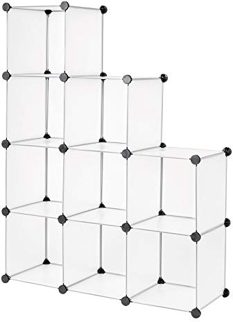 Tavora Modulhylla i transparent plast, modulärt förvaringssystem med 9 fack á 30x30 cm, expanderbar trapphylla med rymliga kuber