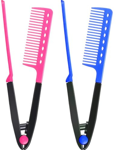 2 Pieces Flat Straightening Comb Salon Hair Brush Comb Hairdressing Styling Straightener V-shaped Straight Straightener(Rose Red, Blue)