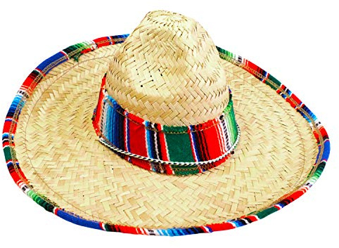 GiftExpress Hat, Child 15.5 Wide Mexican Sombrero with Serape Trim, Straw Hat for Cinco de Mayo, Costume Hat for Children
