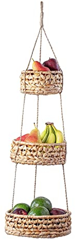 Hanging Fruit Basket Woven 3 Tier Baskets for Kitchen, Handmade Handwoven Rattan Produce Vegetable Kitchen Counter Space Savers Storage Round Organiser, Natural Wicker Seagrass Boho Home Decor Planter