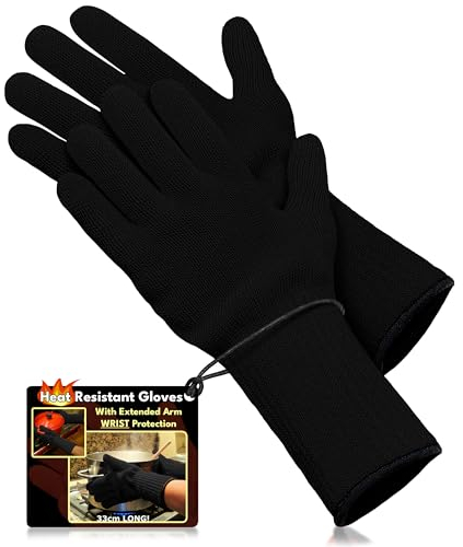 Medipaq® Long Wrist Protect Heat Proof Gloves (1x PAIR) - BBQ Gloves Heat Resistant - Oven Gloves Heat Resistant - Oven Gloves with Fingers - Heat Resistant Gloves - Black