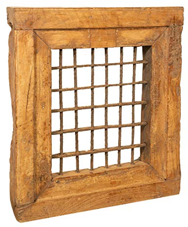 Fenstergitter aus Massivholz und Eisen Antik und Alt Mittelalter mit Rahmen für Innen oder Außen L63 x PR9 x H69 cm