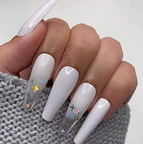 Brishow Weiß Lange Künstliche Nägel Press on Nails mit Glitzer Stern Ballerina Acryl Falsche Nägel 24 Stück für Damen und Mädchen