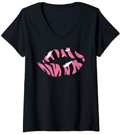 Damen 80s & 90s Motto Kussmund Lippen Motiv Vintage Tiger T-Shirt mit V-Ausschnitt