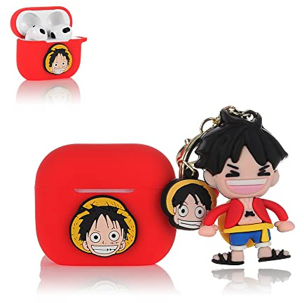 Derhom Airpods 3 Silicone Case Funny Cute Fashion Soft Cartoon Cover Skin Compatible for Apple Airpods 3 [Serie Cartone Animato con Bambola] (Luffy)