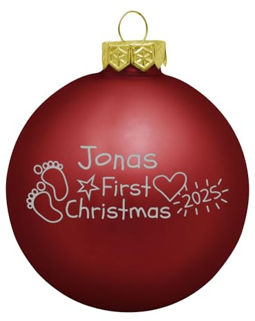 Deitert Weihnachtskugel mit Wunschtext Gravur, Ø 8cm, personalisierte Christbaumkugel aus Glas (matt), Individueller Weihnachtsbaumschmuck Namen oder Spruch, Babys First Christmas, Rot