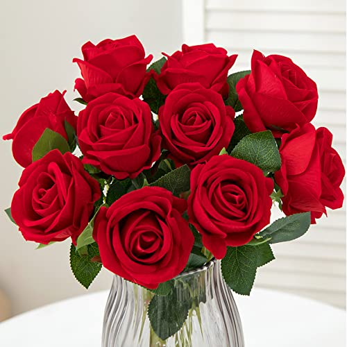 Hawesome 12PCS Artificial Flowers Fake Roses, Realistic Velvet Long Stem Red Roses Bouquet for Wedding Centerpiece Home Decor Party & Valentines (Red)