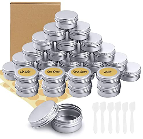 30 Pezzi Barattoli di alluminio 15 ml Lattina Alluminio Barattoli Metallo Vasetto Vuoto Contenitori Con Adesivo Rotondo E Cucchiaio Cosmetico per Lozione Crema Maschera Mini Candela(Argento)