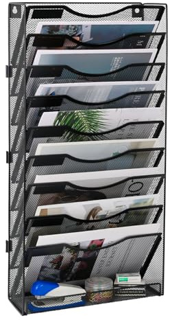 TQVAI 10 Fächer Zeitschriftenhalter Wand Metall Dokumenten Organizer A4 Papier Ablage Postsortierer für Büro Zuhause Schule, Schreibtisch Organizer, Schwarz