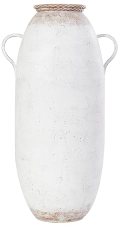 Deco 79 Metal Decorative Vase Antique Style Centerpiece Vase with Terracotta Accents and Handles, Flower Vase for Home Decoration 16 x 12 x 28, White