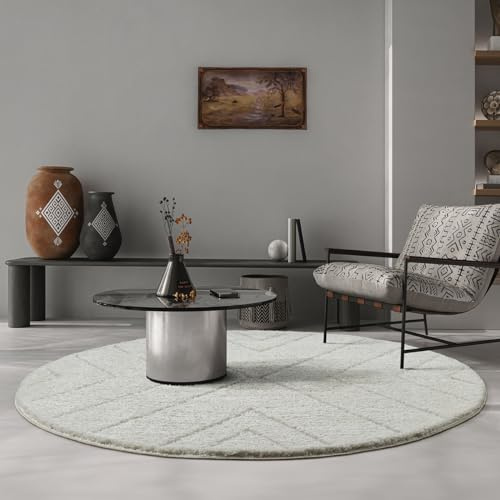 the carpet Bahar Shaggy – Weicher Hochflor Teppich, moderner Flauschiger & kuscheliger Wohnzimmer Teppich, eleganter Designer Shaggy, pflegeleicht und strapazierfähig, Creme-Raute, 120 cm Rund