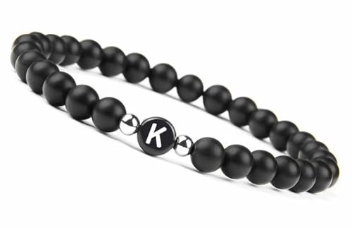 Homxi Armband Naturstein Damen Herren,Beads Armband 6MM Perlen mit Buchstabe K Achat Perlenarmband Schwarz Damen