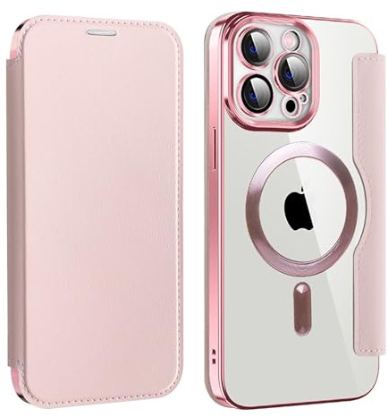 Bakicey Hülle für iPhone 15 Pro Max Klapphülle Kompatibel mit mag-Safe Kartenfach PU Leder Anti-Kratzer Handyhülle mit RFID-Sperre Schutzhülle Transparent Flip Case Cover für iPhone 15 Pro Max, Rosa