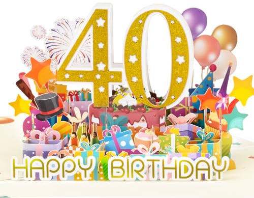 Magic Ants 40. Geburtstag Pop-Up Karte, 3D Geburtstagskarte mit goldener 40, Kuchen, Luftballons, Partyhüten, Feuerwerken und Geschenkdesign, mit Umschlag und Notizkarte