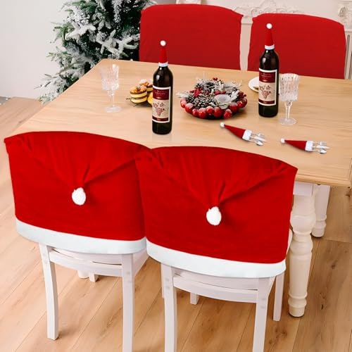 Kaimeng 4X Premium Weihnachten Stuhlhusse, Stuhlbezug Weihnachtlichen Set - Weihnachtsdekoration für Stühle, Weihnachten Nikolausmütze Stuhlabdeckung für Esstisch Weihnachten Dekoration