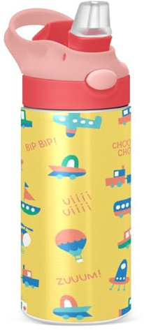 Sevdomey Mini bouteille d'eau à motif de transport pour filles et garçons, bouteille d'eau isotherme anti-fuite en acier inoxydable de 350 ml avec paille pour l'école, la crèche, les voyages, le sport